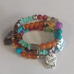 Multi Color Triple Strand Stretch Beaded Bracelet Love Peace Joy